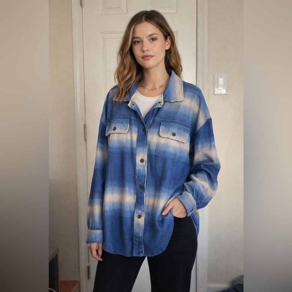 Free People Blue and Cream Ombre Button-Up Shacket